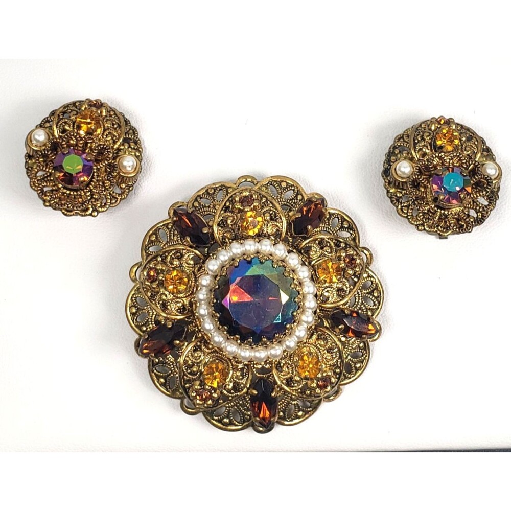 Vtg West Germany Aurora Borealis Amber Topaz Rhinestone Faux Pearl Brooch Set